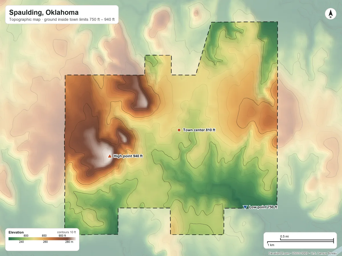 Topographic elevation map of Spaulding, Oklahoma, shaded from 750 ft on the southeast side to 940 ft on the west side