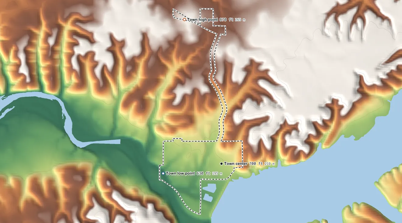 Topographic elevation map of Spavinaw, Oklahoma, shaded from 630 ft on the west side to 870 ft on the north side