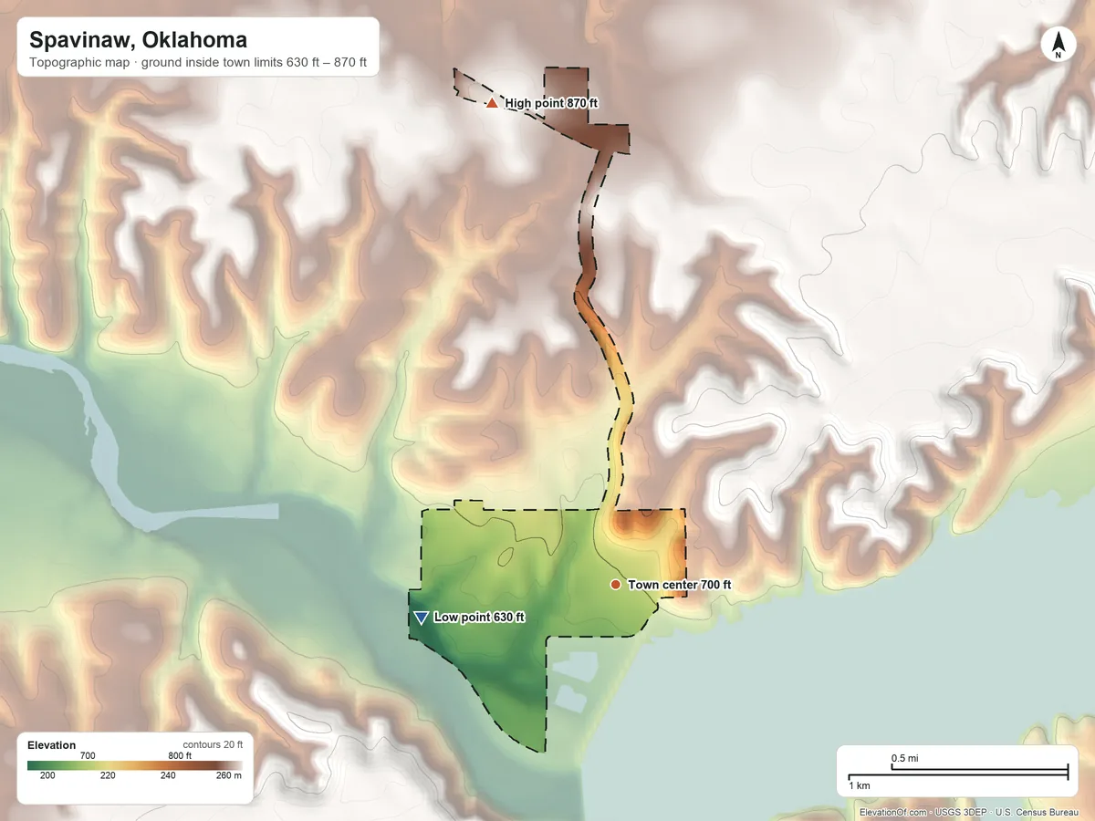 Topographic elevation map of Spavinaw, Oklahoma, shaded from 630 ft on the west side to 870 ft on the north side