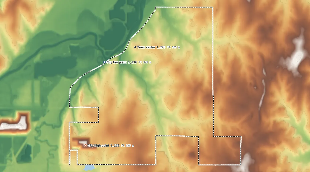 Topographic elevation map of Spencer, Oklahoma, shaded from 1,130 ft on the southwest side to 1,290 ft on the southwest side