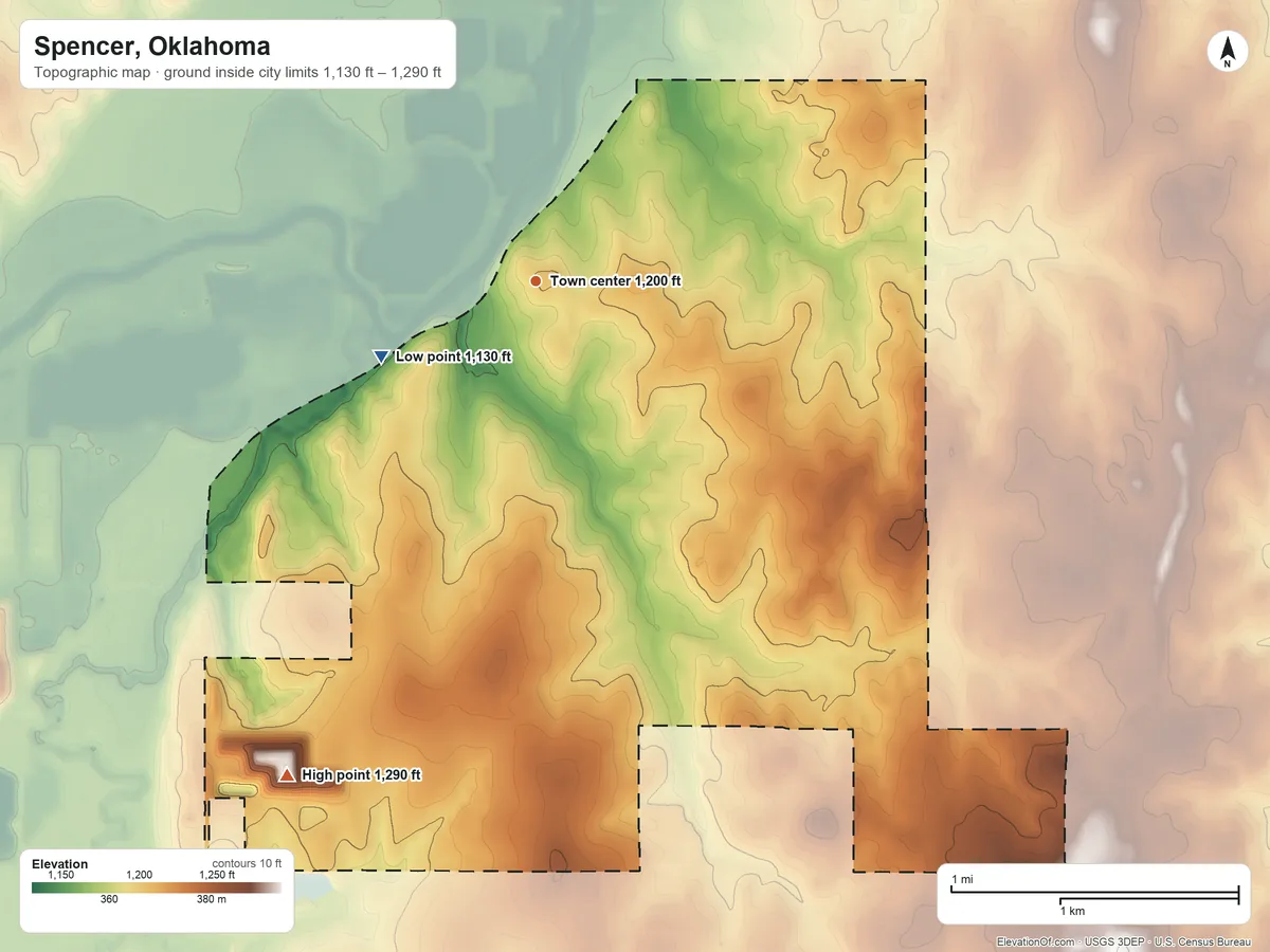 Topographic elevation map of Spencer, Oklahoma, shaded from 1,130 ft on the southwest side to 1,290 ft on the southwest side
