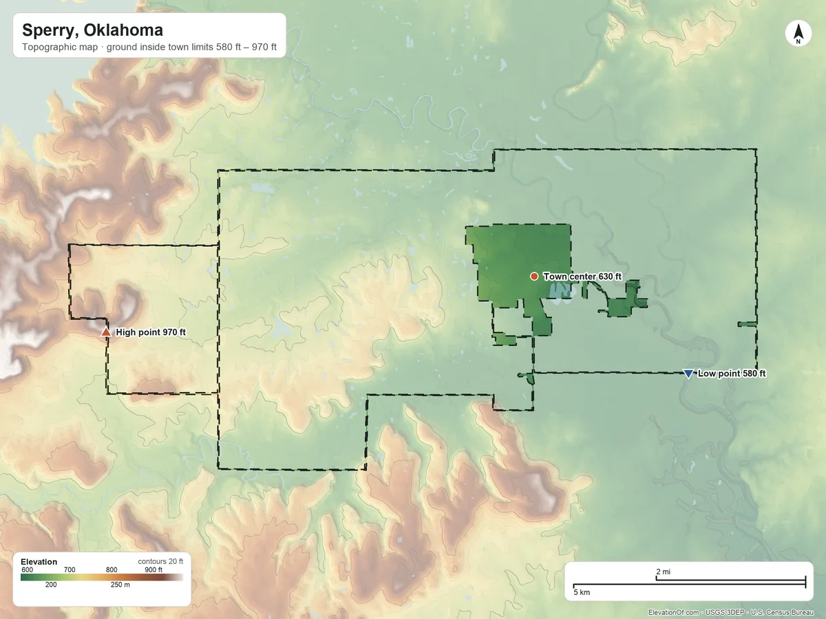 Topographic elevation map of Sperry, Oklahoma, shaded from 580 ft on the southeast side to 970 ft on the west side