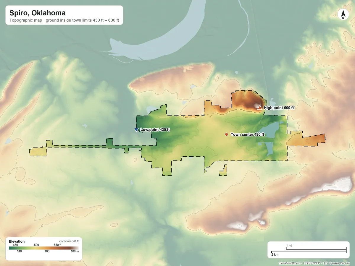 Topographic elevation map of Spiro, Oklahoma, shaded from 430 ft on the west side to 600 ft on the northeast side