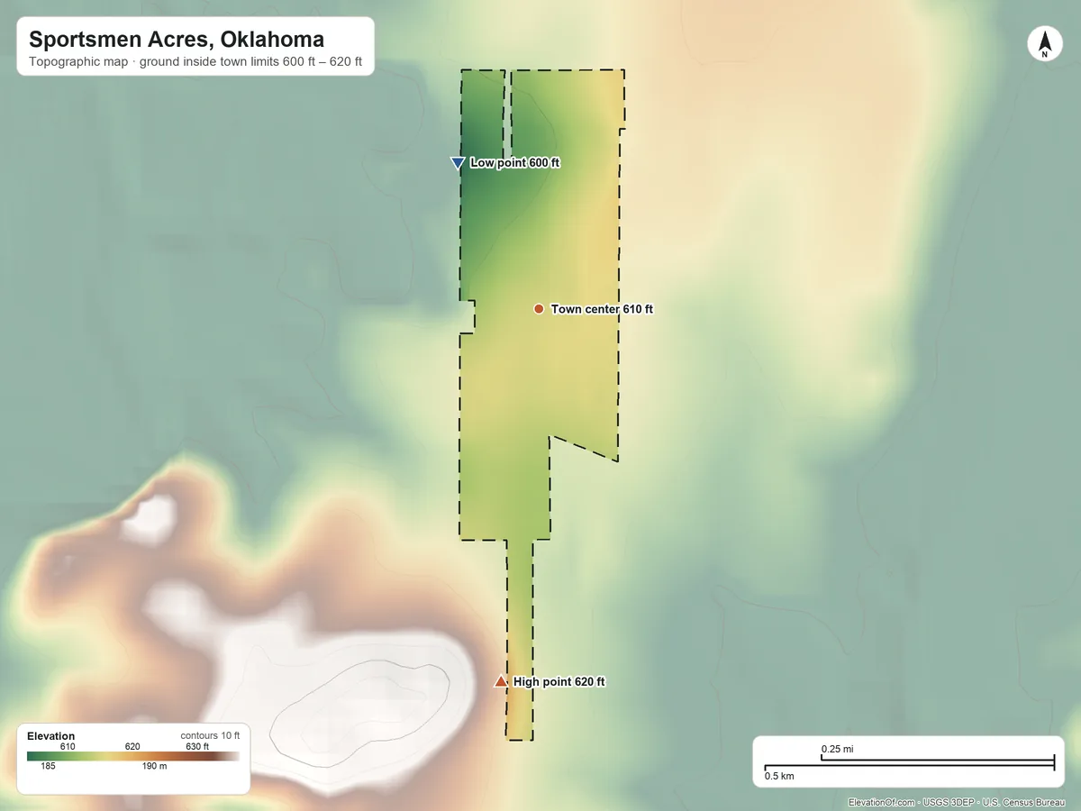 Topographic elevation map of Sportsmen Acres, Oklahoma, shaded from 600 ft on the northwest side to 620 ft on the south side