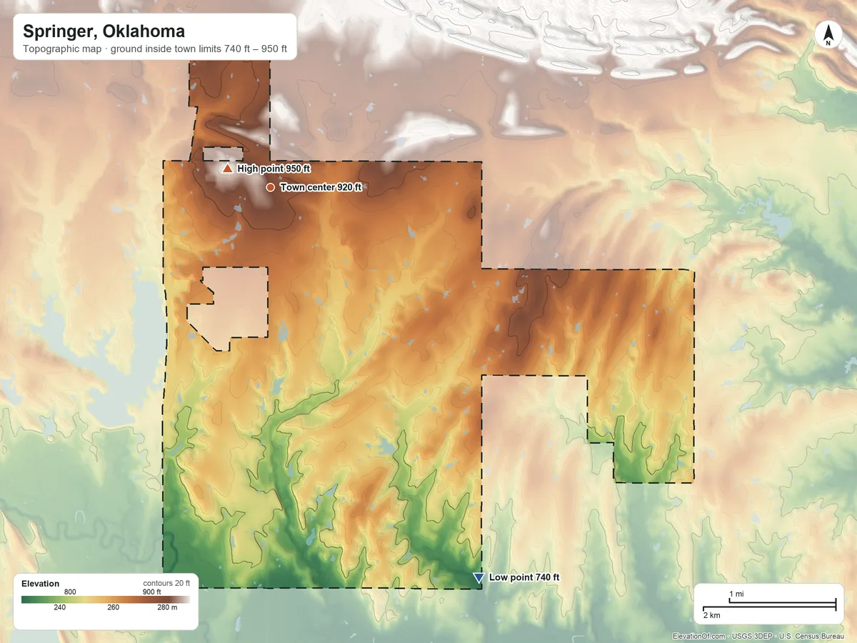 Topographic elevation map of Springer, Oklahoma, shaded from 740 ft on the southeast side to 950 ft near the middle