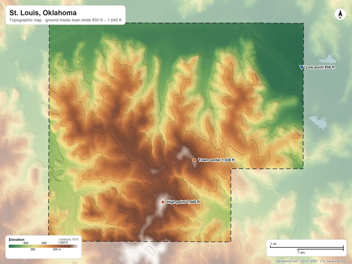 Topographic elevation map of St. Louis, Oklahoma, shaded from 850 ft on the northeast side to 1,040 ft on the southwest side