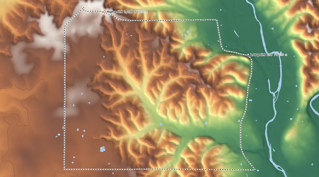 Topographic elevation map of Steely Hollow, Oklahoma, shaded from 750 ft on the east side to 1,100 ft on the northwest side