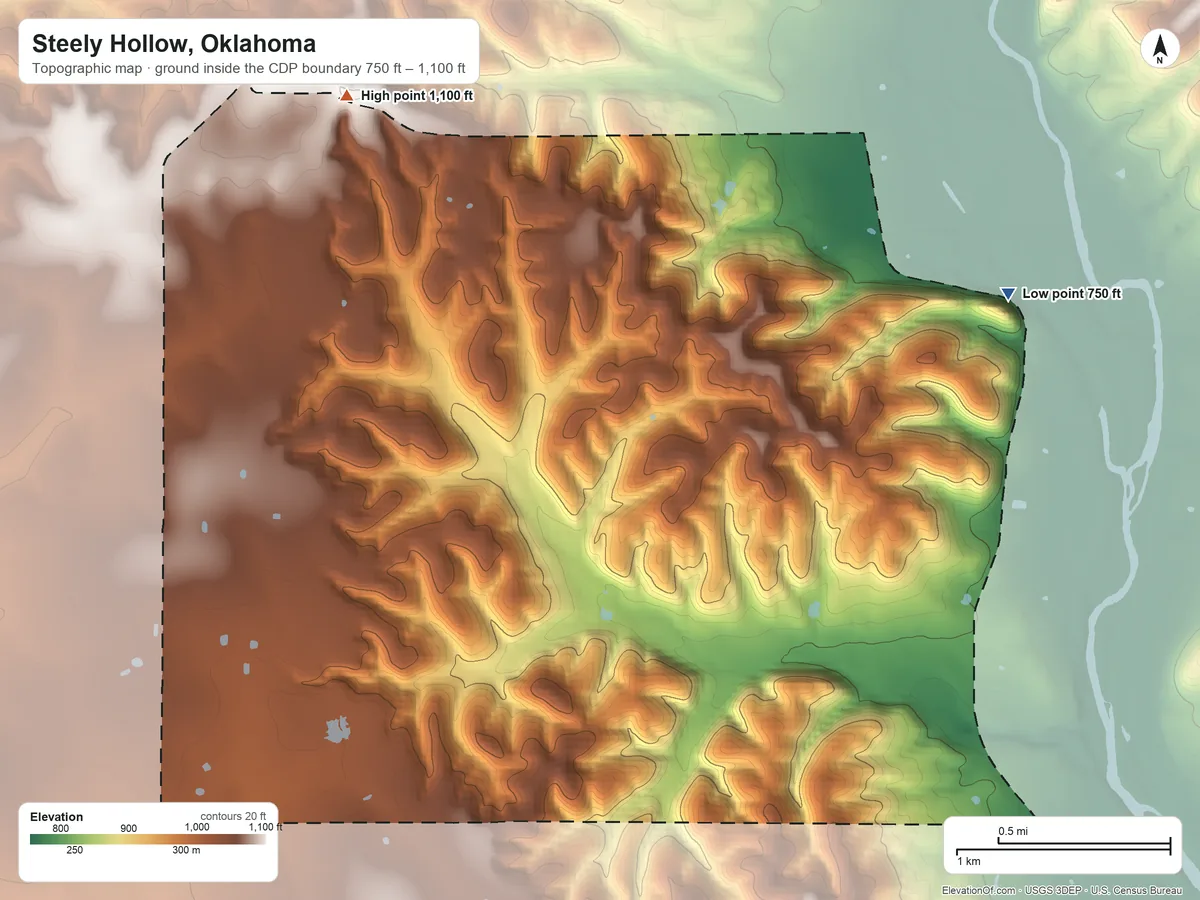 Topographic elevation map of Steely Hollow, Oklahoma, shaded from 750 ft on the east side to 1,100 ft on the northwest side