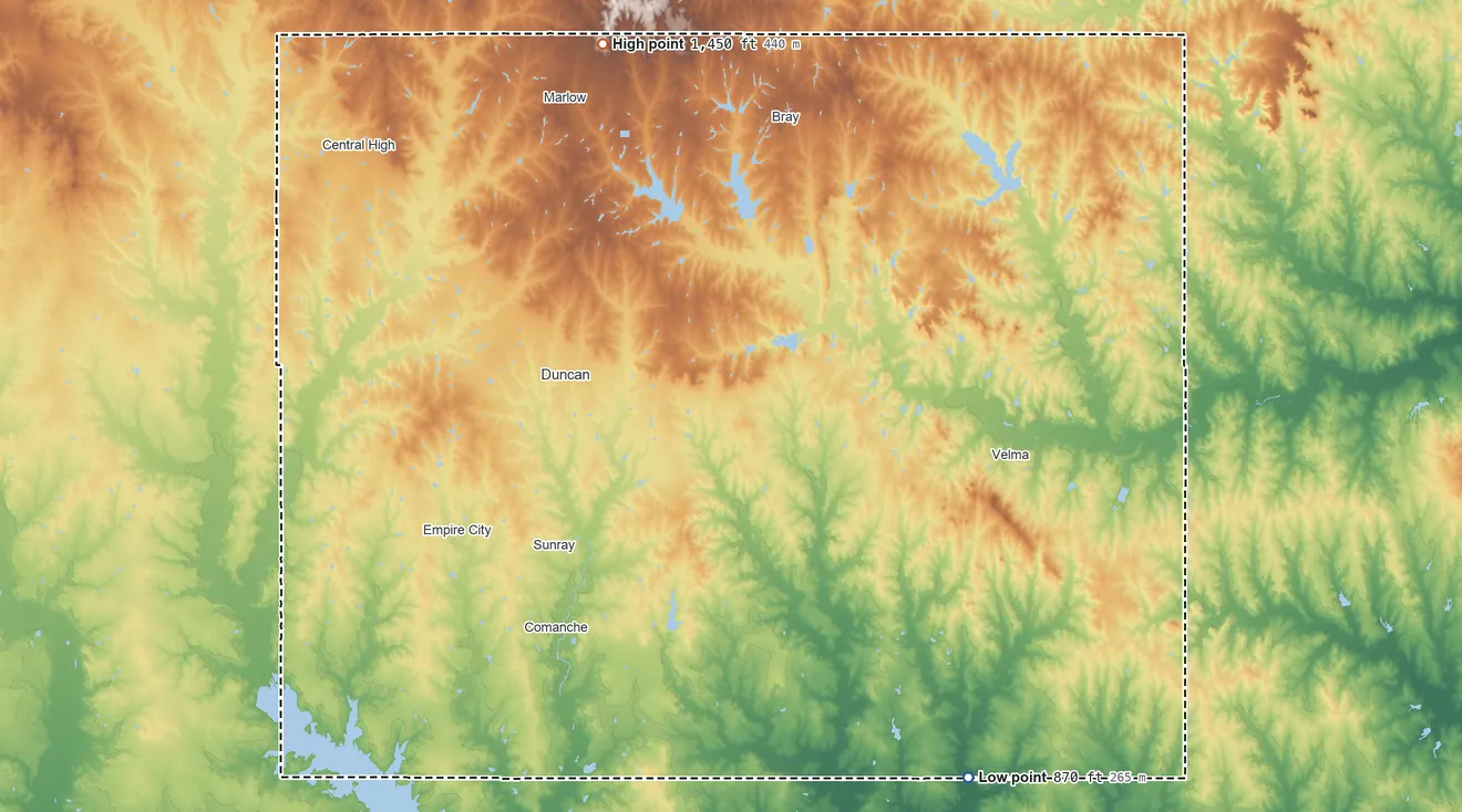 Topographic elevation map of Stephens County, Oklahoma, shaded from 870 ft on the southeast side to 1,450 ft on the north side