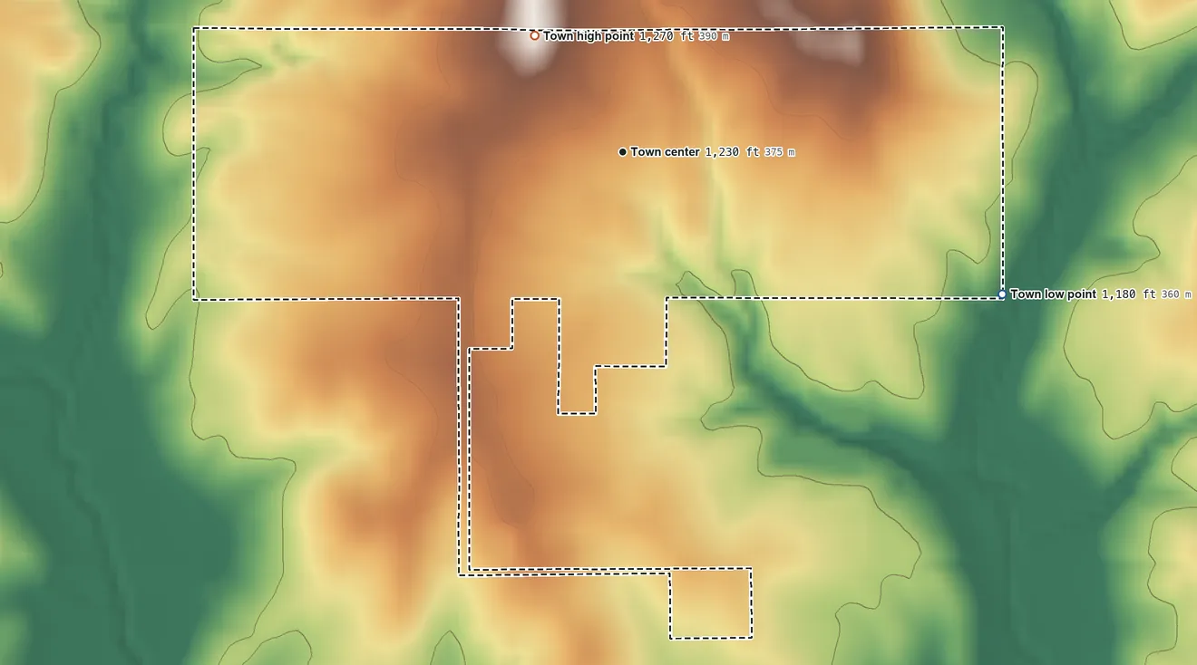 Topographic elevation map of Sterling, Oklahoma, shaded from 1,180 ft on the east side to 1,270 ft on the northwest side