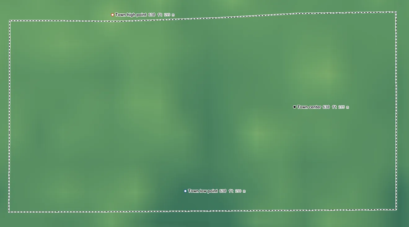 Topographic elevation map of Stidham, Oklahoma, shaded from 630 ft on the southwest side to 630 ft on the northwest side
