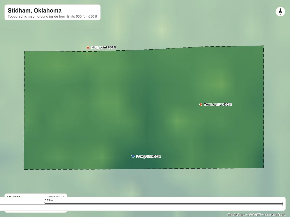 Topographic elevation map of Stidham, Oklahoma, shaded from 630 ft on the southwest side to 630 ft on the northwest side