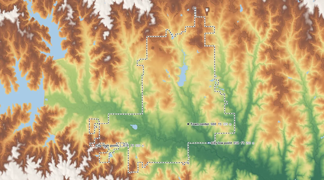 Topographic elevation map of Stillwater, Oklahoma, shaded from 850 ft on the southeast side to 1,070 ft on the west side