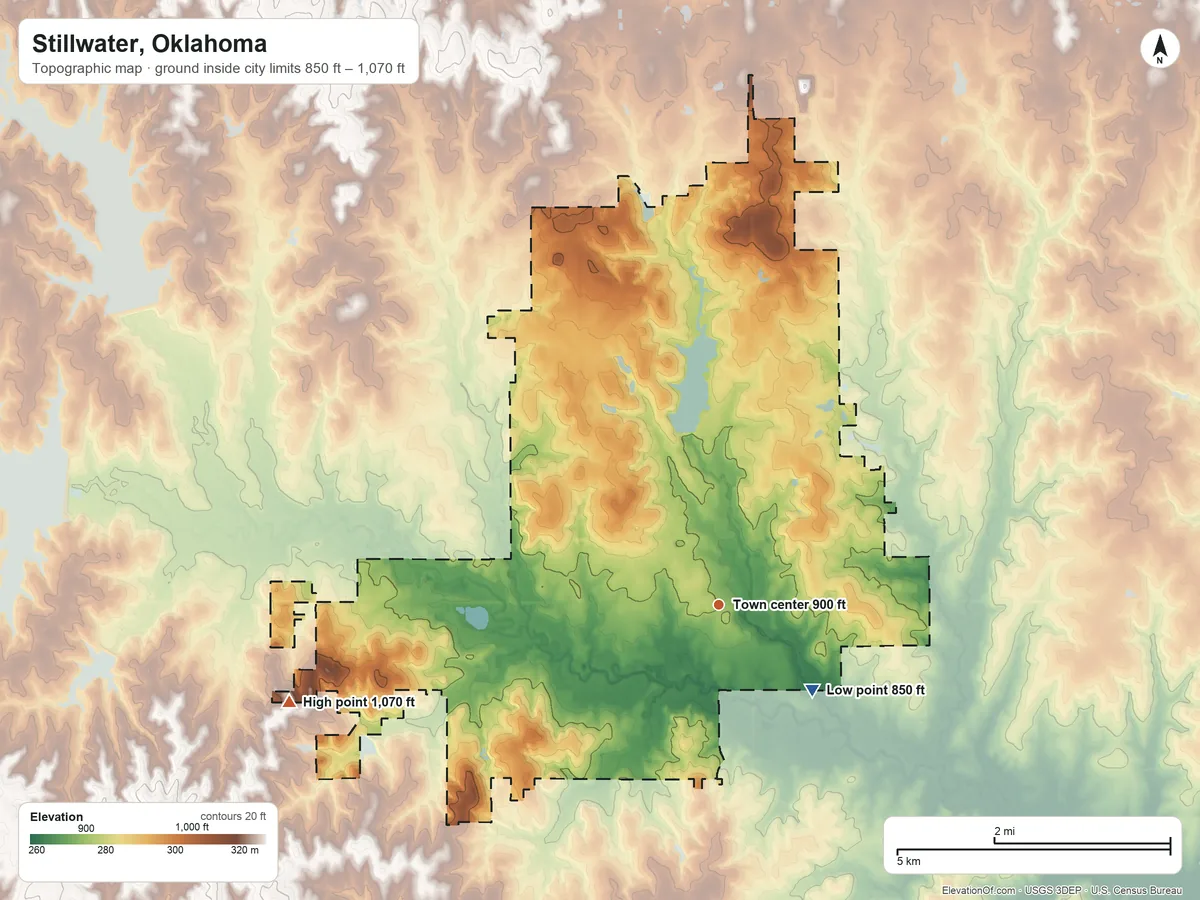Topographic elevation map of Stillwater, Oklahoma, shaded from 850 ft on the southeast side to 1,070 ft on the west side
