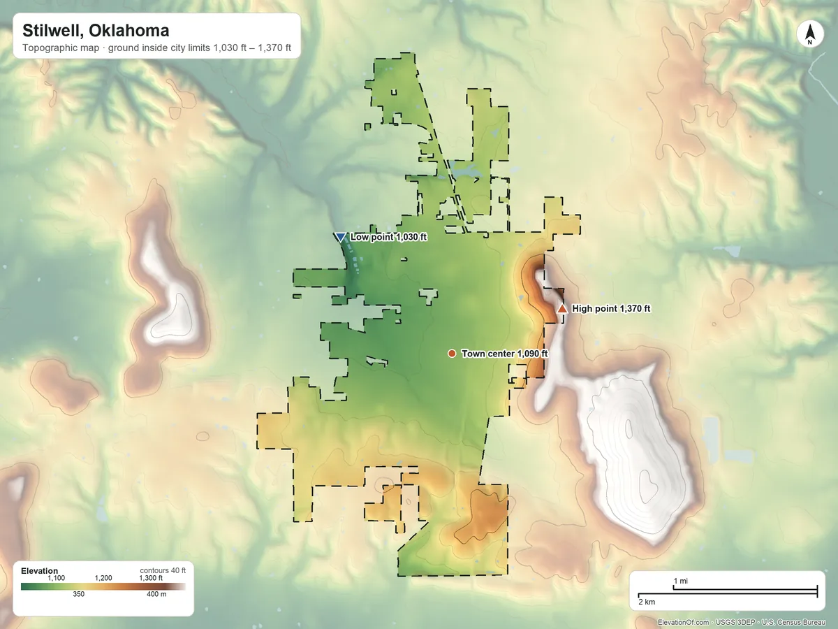 Topographic elevation map of Stilwell, Oklahoma, shaded from 1,030 ft on the northwest side to 1,370 ft on the east side