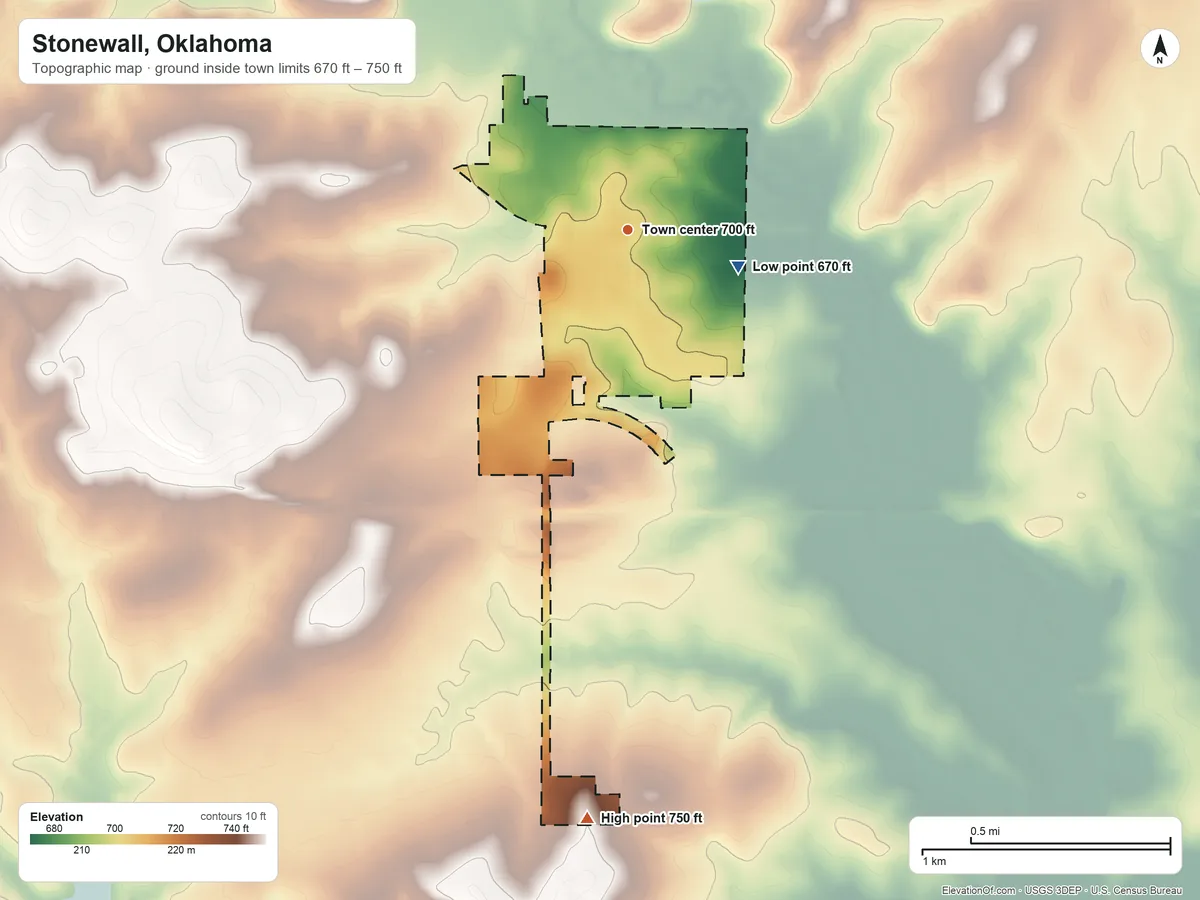 Topographic elevation map of Stonewall, Oklahoma, shaded from 670 ft on the east side to 750 ft on the south side