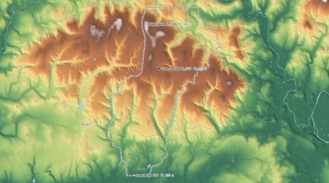 Topographic elevation map of Stoney Point, Oklahoma, shaded from 640 ft on the south side to 1,580 ft on the north side