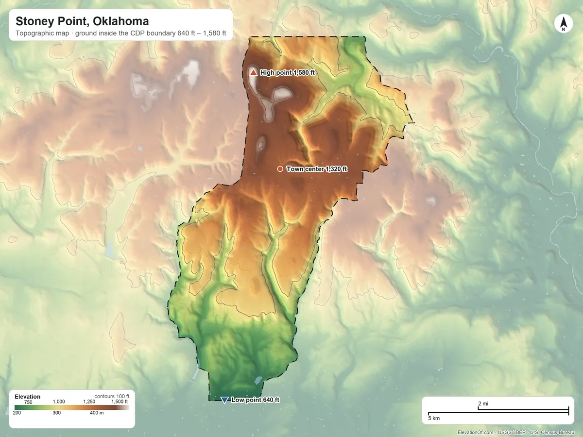 Topographic elevation map of Stoney Point, Oklahoma, shaded from 640 ft on the south side to 1,580 ft on the north side