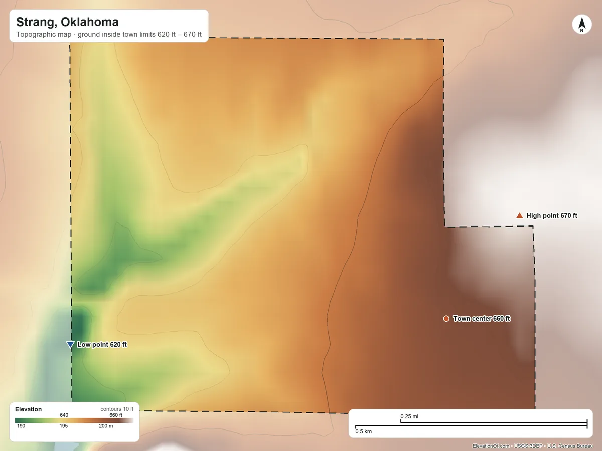 Topographic elevation map of Strang, Oklahoma, shaded from 620 ft on the west side to 670 ft on the northeast side
