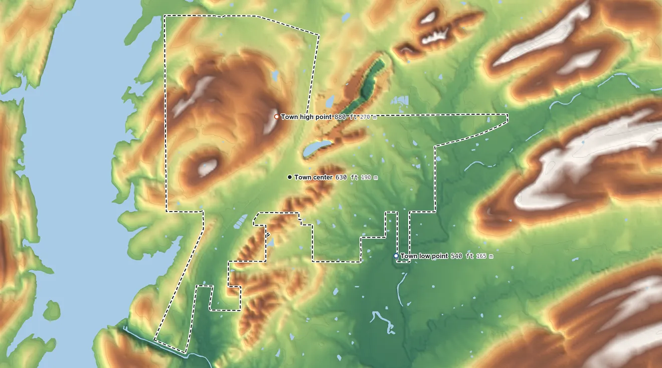 Topographic elevation map of Stringtown, Oklahoma, shaded from 540 ft on the southeast side to 880 ft on the north side