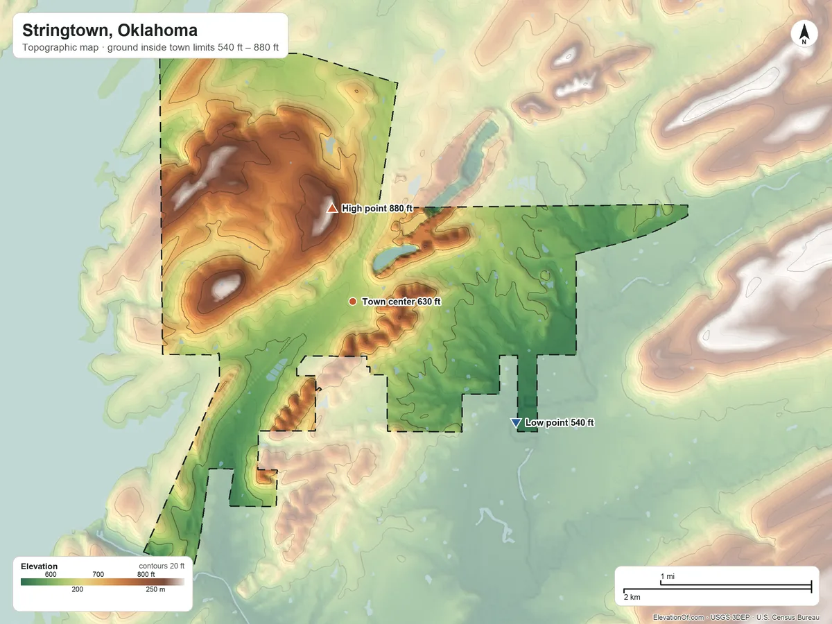 Topographic elevation map of Stringtown, Oklahoma, shaded from 540 ft on the southeast side to 880 ft on the north side
