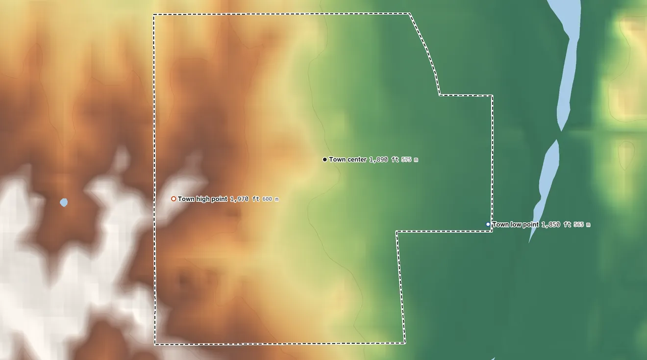 Topographic elevation map of Strong City, Oklahoma, shaded from 1,850 ft on the east side to 1,970 ft on the west side