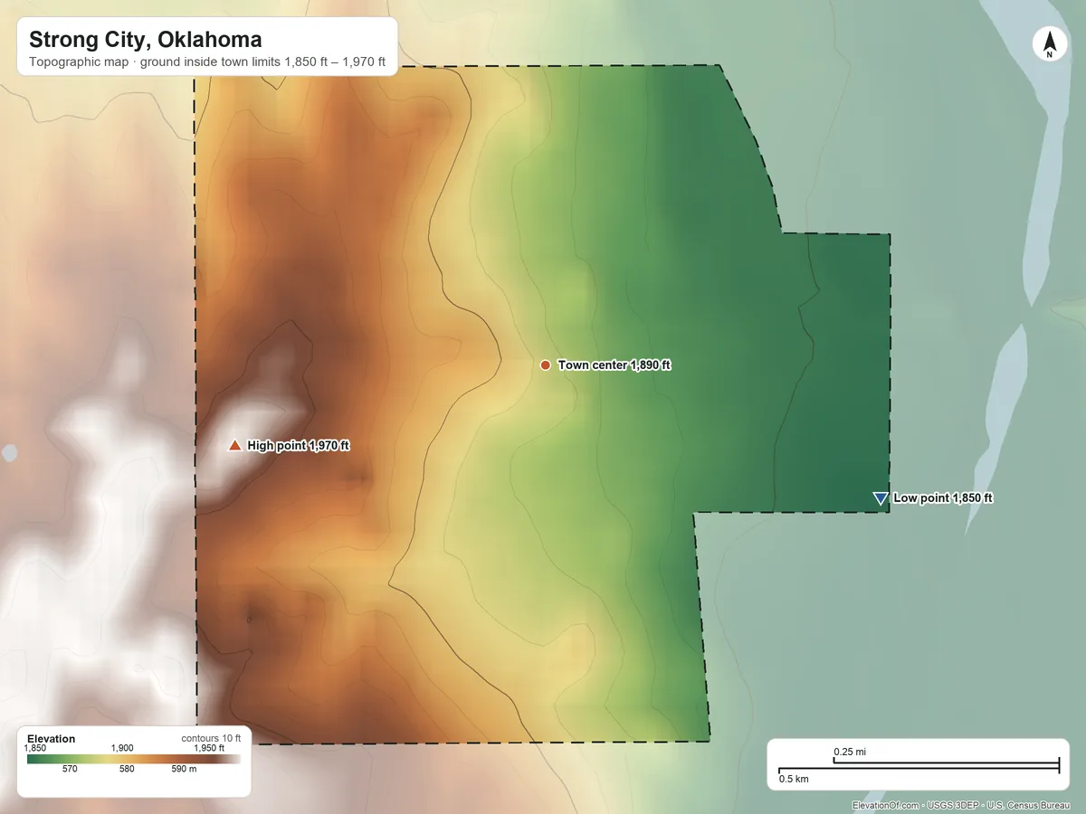 Topographic elevation map of Strong City, Oklahoma, shaded from 1,850 ft on the east side to 1,970 ft on the west side