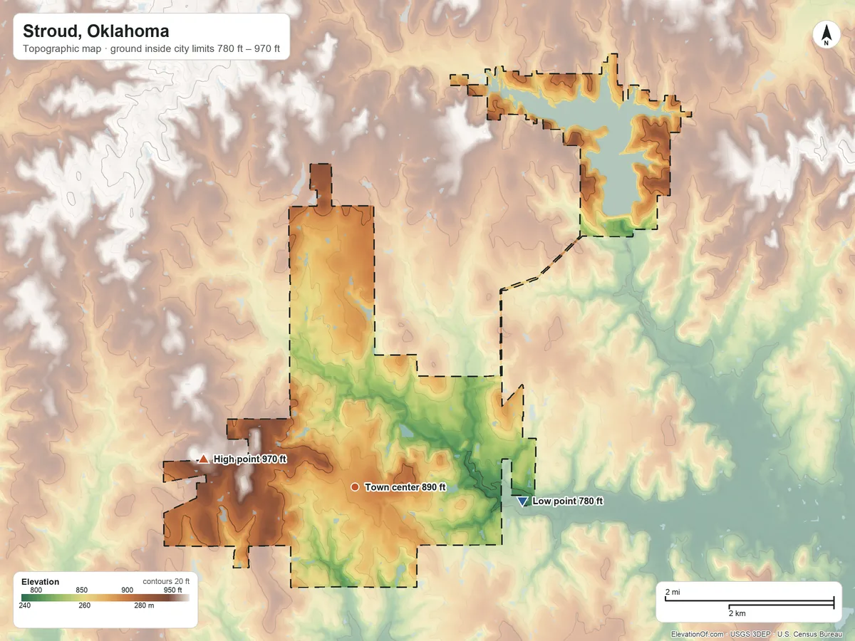Topographic elevation map of Stroud, Oklahoma, shaded from 780 ft on the east side to 970 ft on the west side