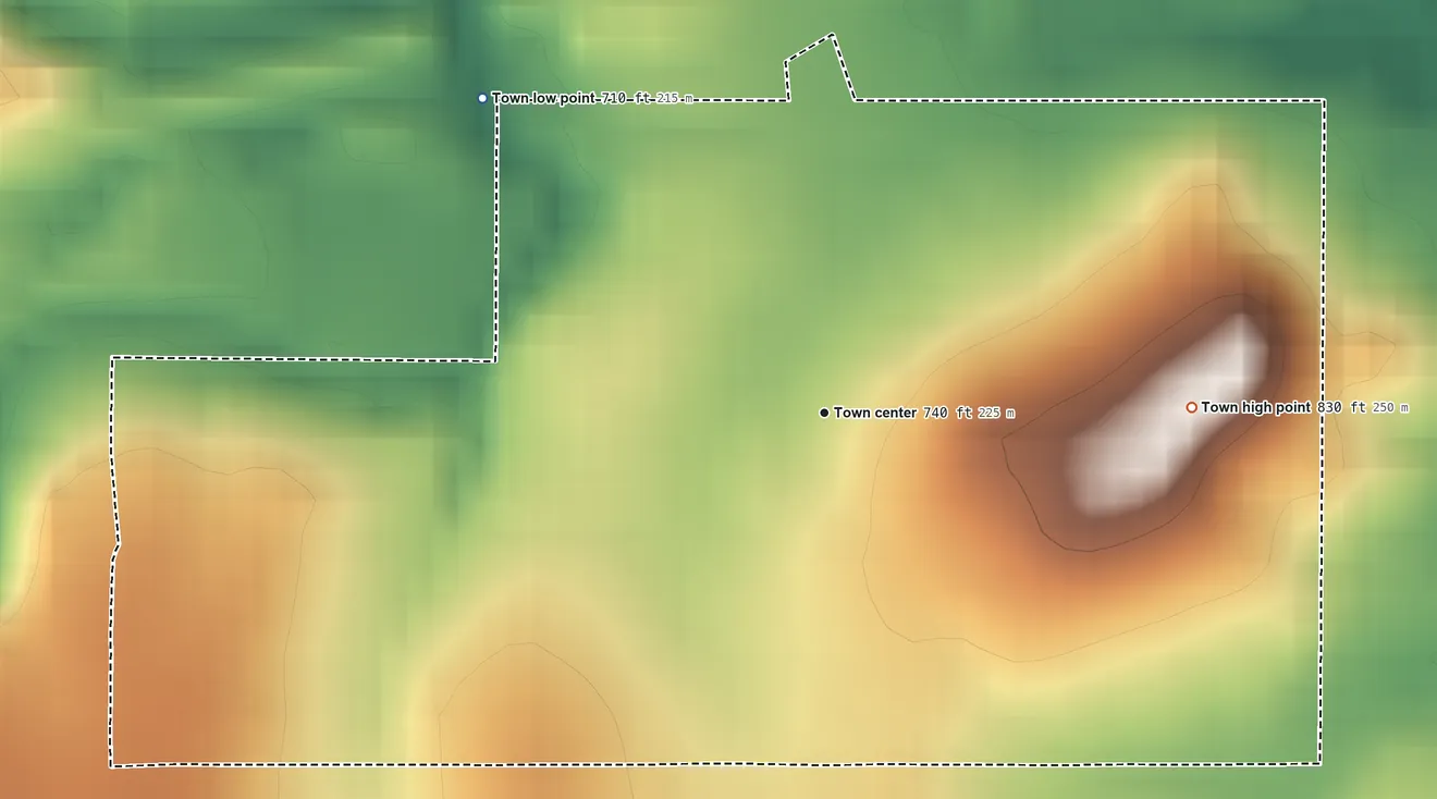 Topographic elevation map of Stuart, Oklahoma, shaded from 710 ft on the northwest side to 830 ft on the east side