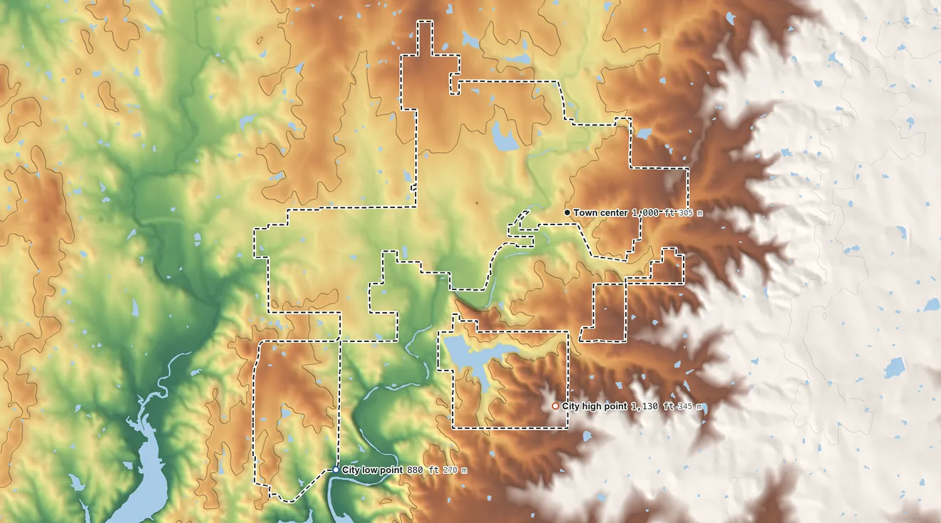 Topographic elevation map of Sulphur, Oklahoma, shaded from 880 ft on the southwest side to 1,130 ft on the south side