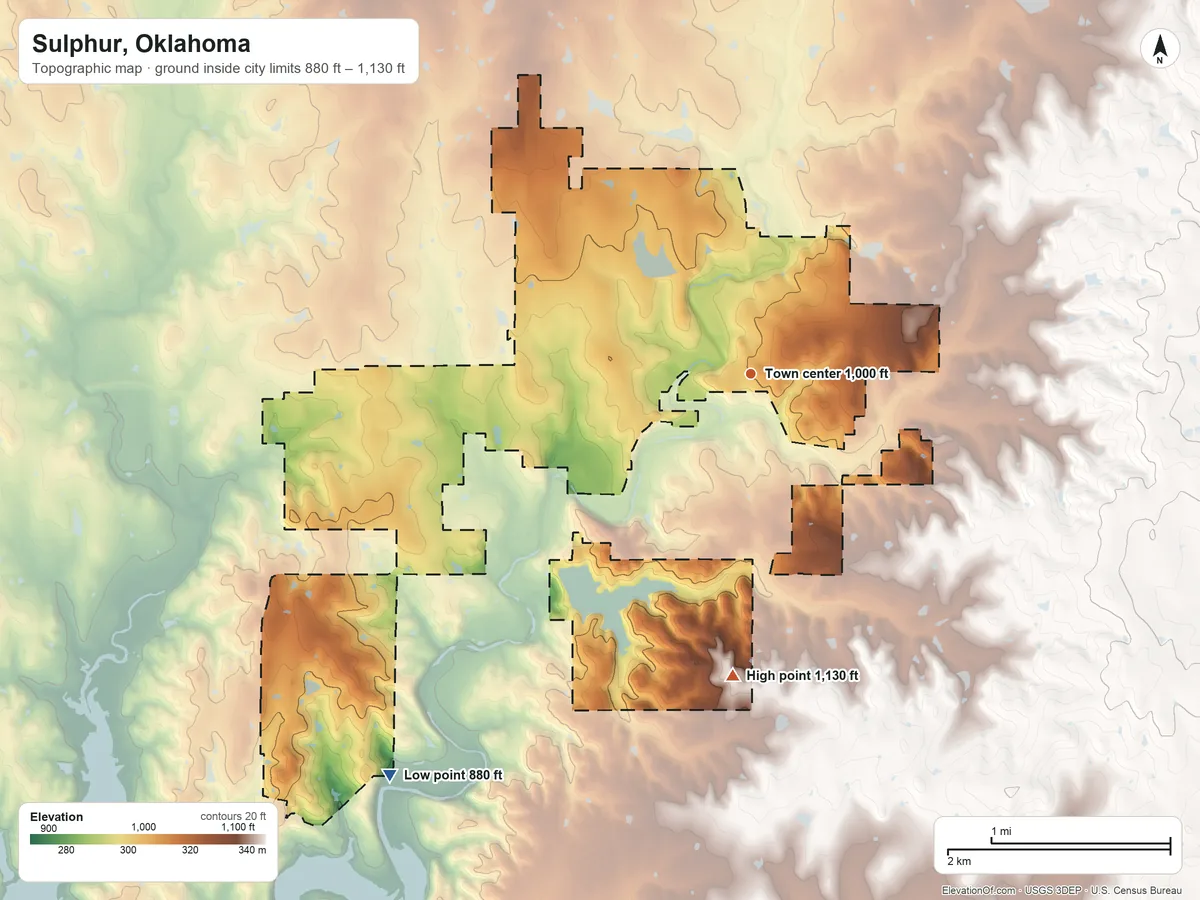 Topographic elevation map of Sulphur, Oklahoma, shaded from 880 ft on the southwest side to 1,130 ft on the south side