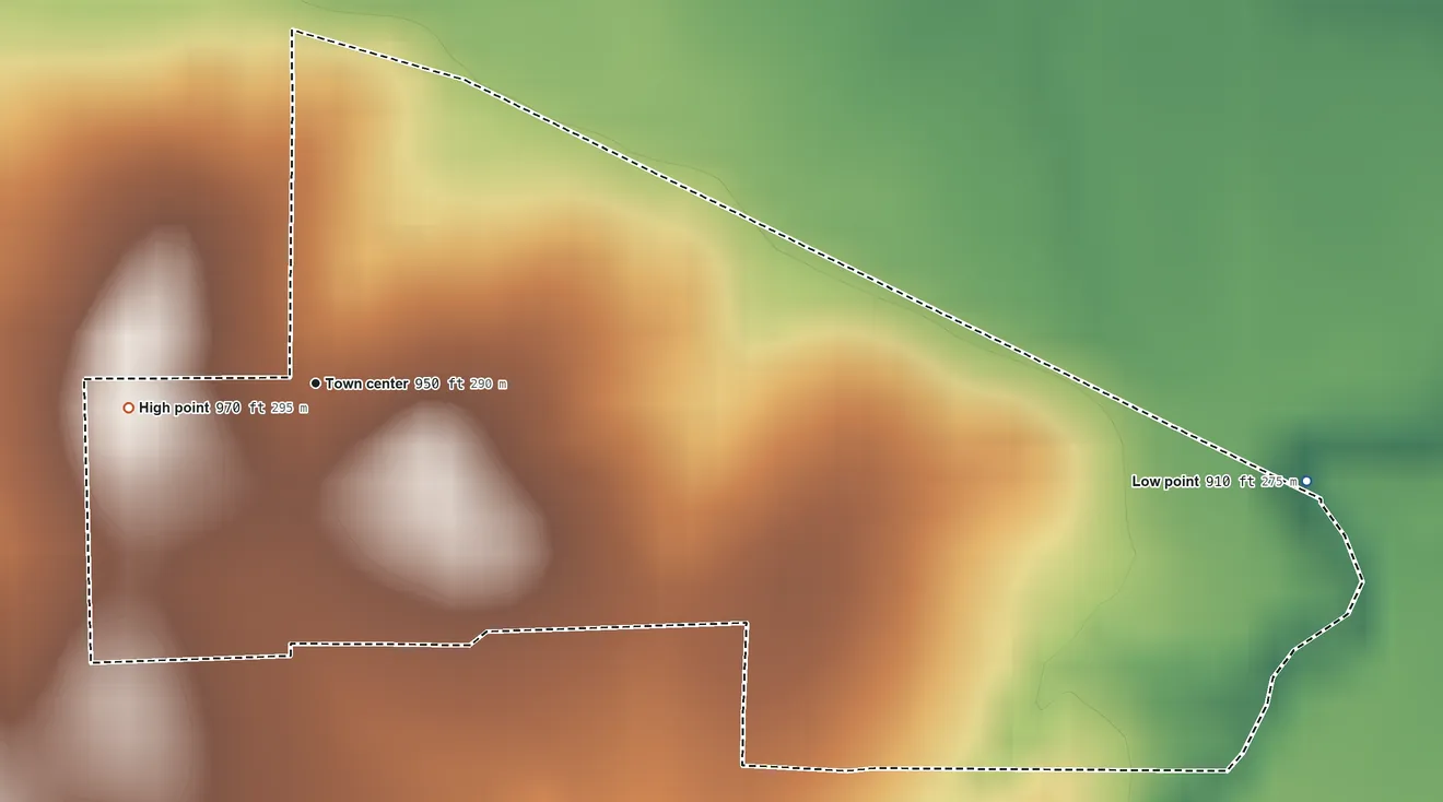 Topographic elevation map of Sumner, Oklahoma, shaded from 910 ft on the east side to 970 ft on the west side