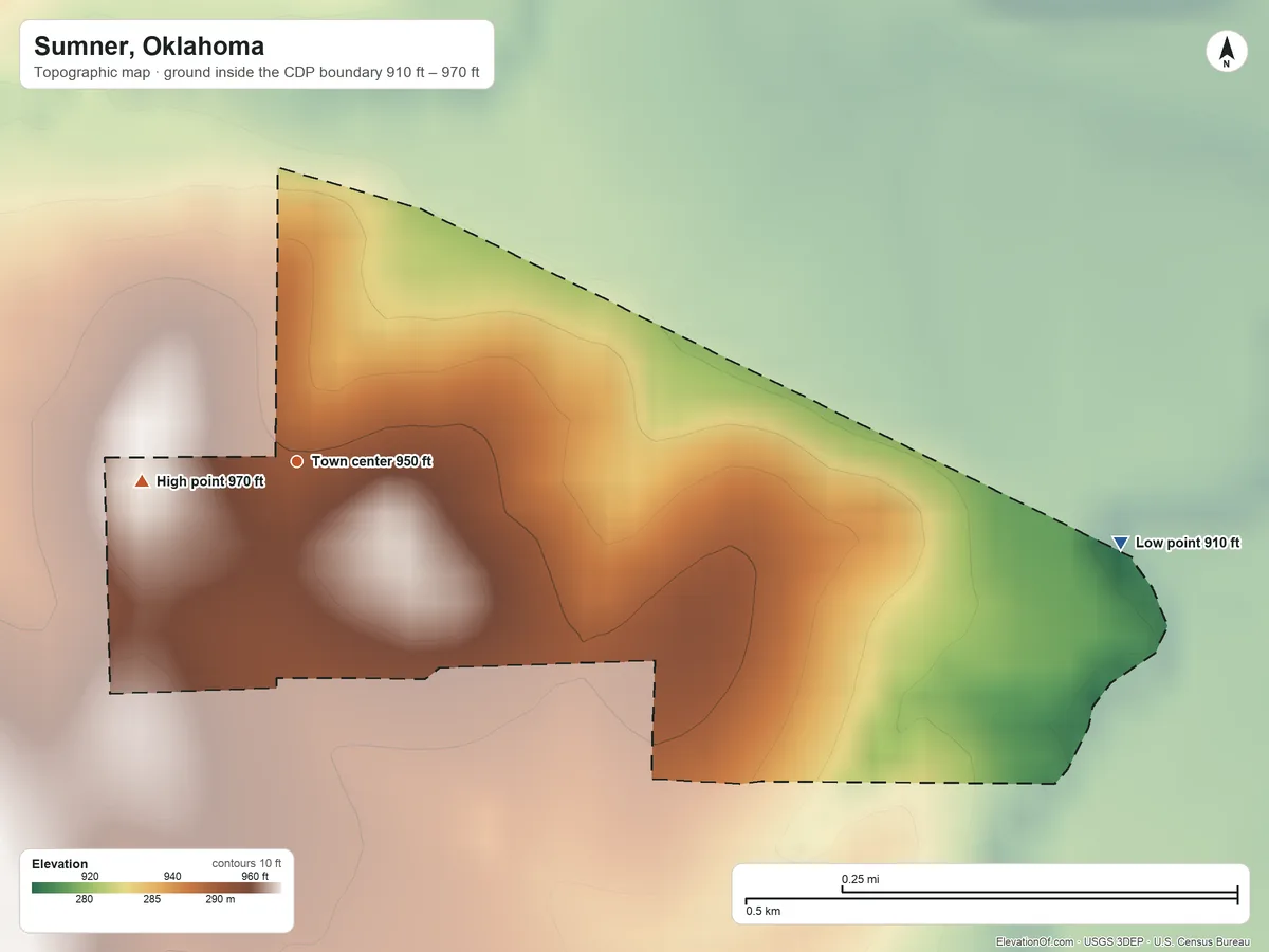 Topographic elevation map of Sumner, Oklahoma, shaded from 910 ft on the east side to 970 ft on the west side