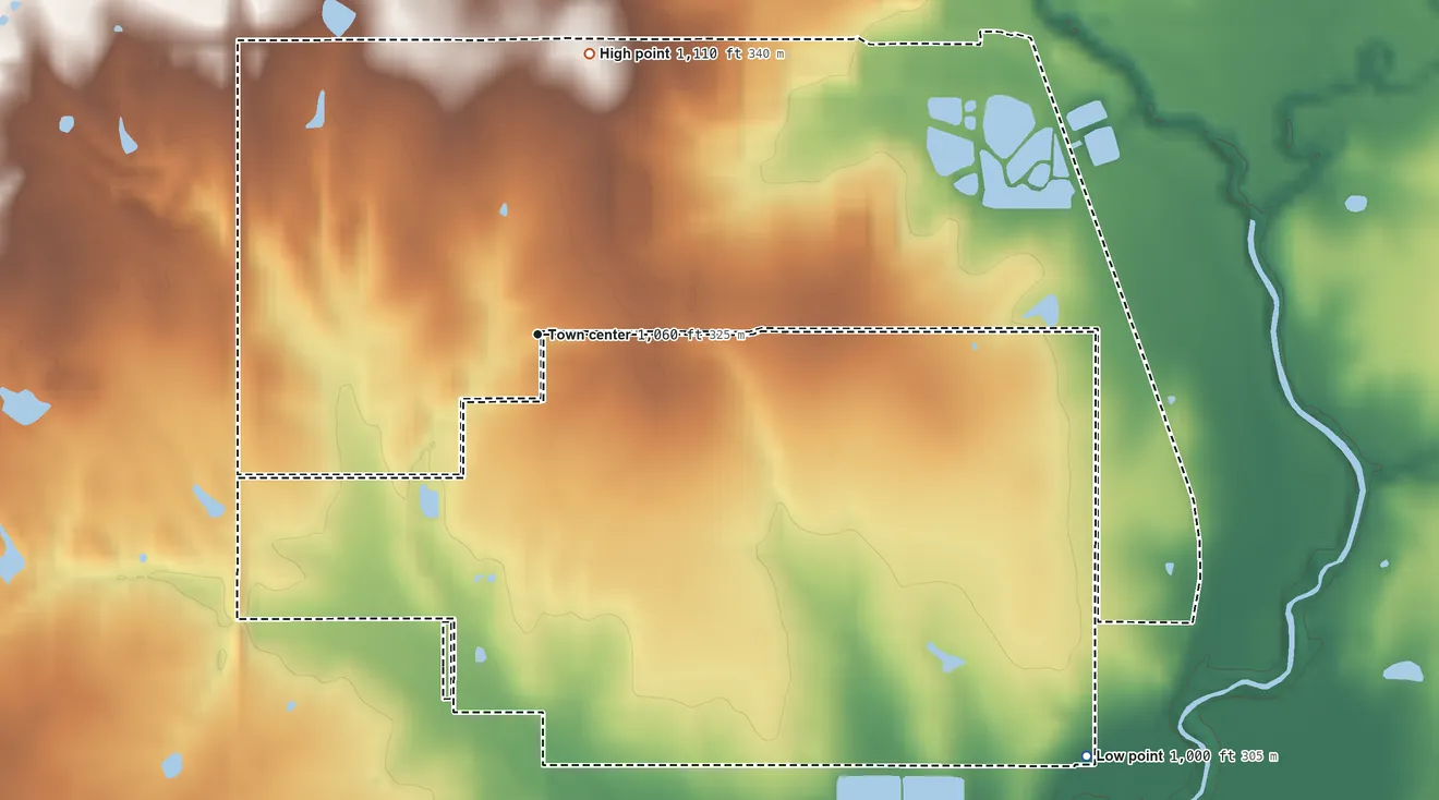 Topographic elevation map of Sunray, Oklahoma, shaded from 1,000 ft on the southeast side to 1,110 ft on the north side