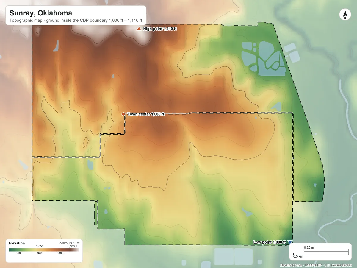 Topographic elevation map of Sunray, Oklahoma, shaded from 1,000 ft on the southeast side to 1,110 ft on the north side