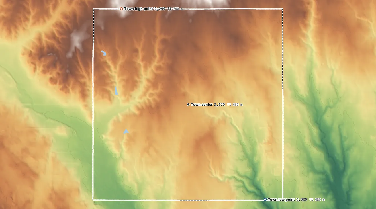 Topographic elevation map of Sweetwater, Oklahoma, shaded from 2,030 ft on the southeast side to 2,290 ft on the northwest side