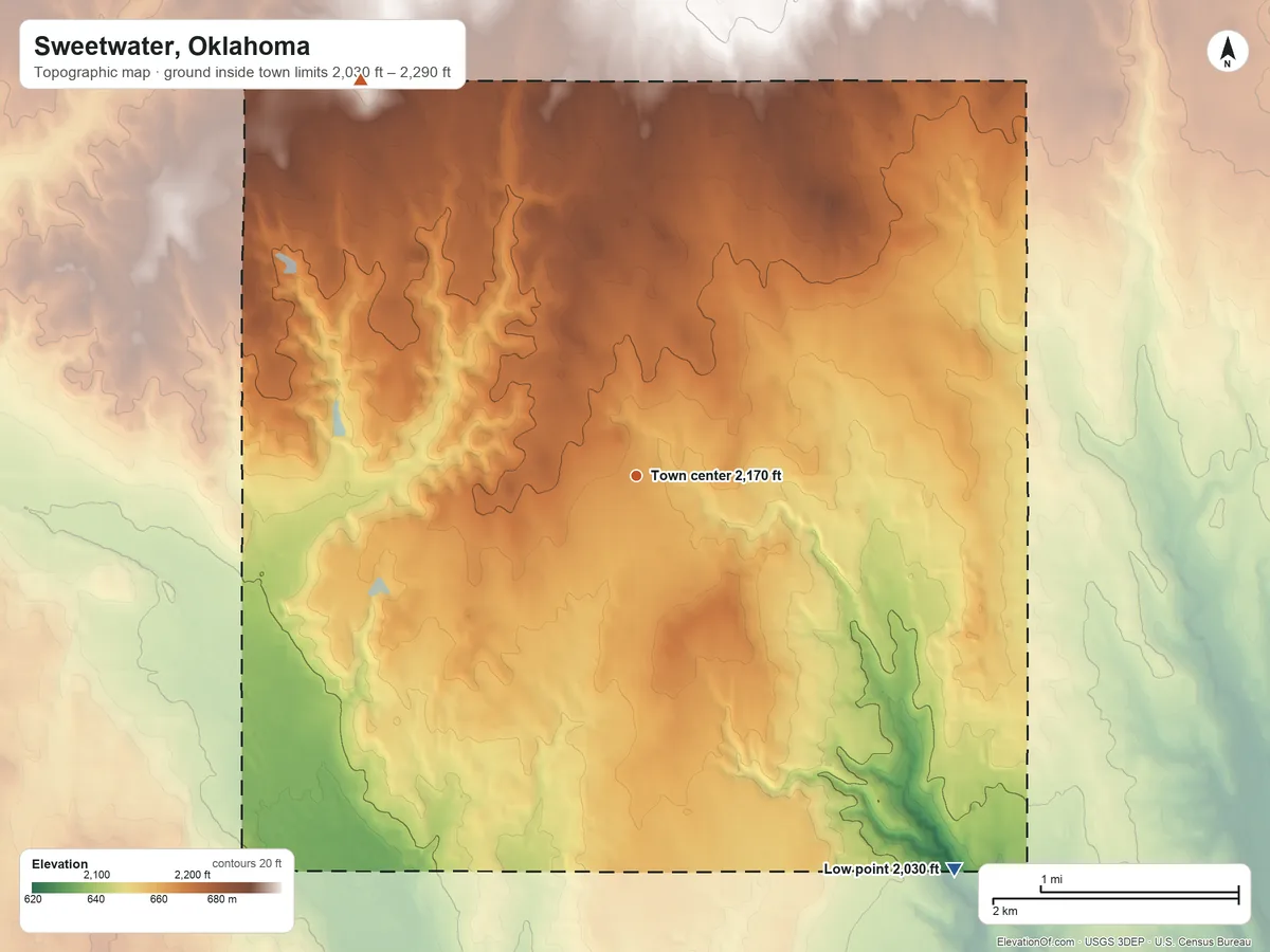 Topographic elevation map of Sweetwater, Oklahoma, shaded from 2,030 ft on the southeast side to 2,290 ft on the northwest side