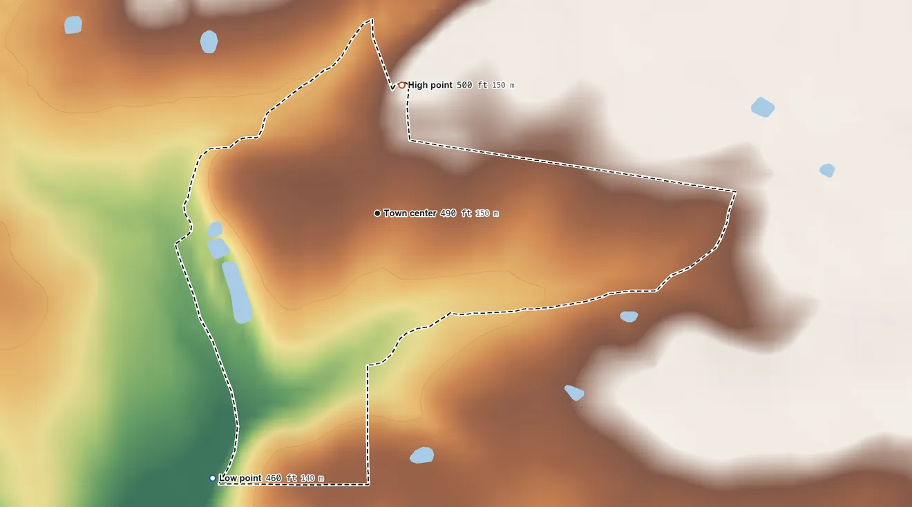 Topographic elevation map of Swink, Oklahoma, shaded from 460 ft on the southwest side to 500 ft on the north side