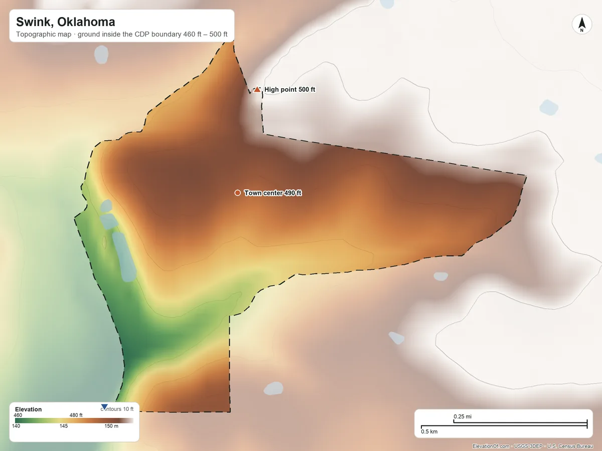 Topographic elevation map of Swink, Oklahoma, shaded from 460 ft on the southwest side to 500 ft on the north side