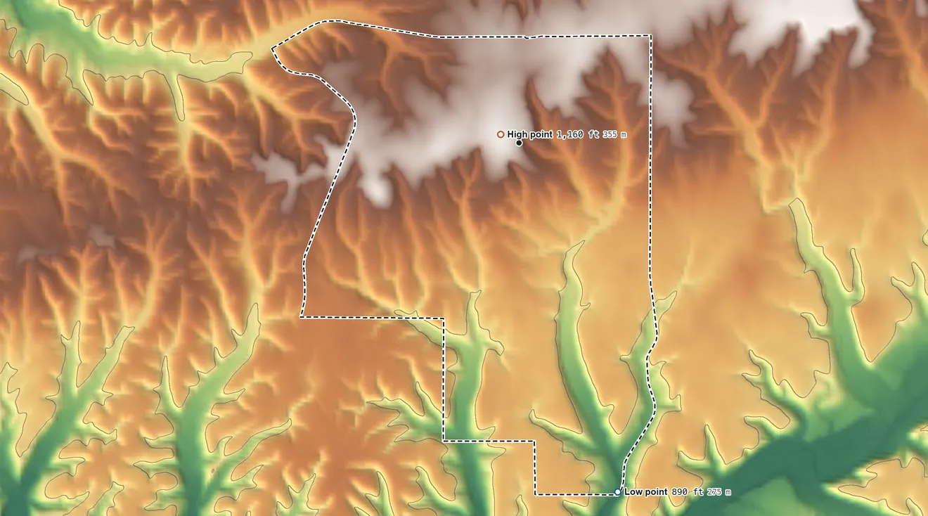 Topographic elevation map of Sycamore, Oklahoma, shaded from 890 ft on the south side to 1,160 ft near the middle