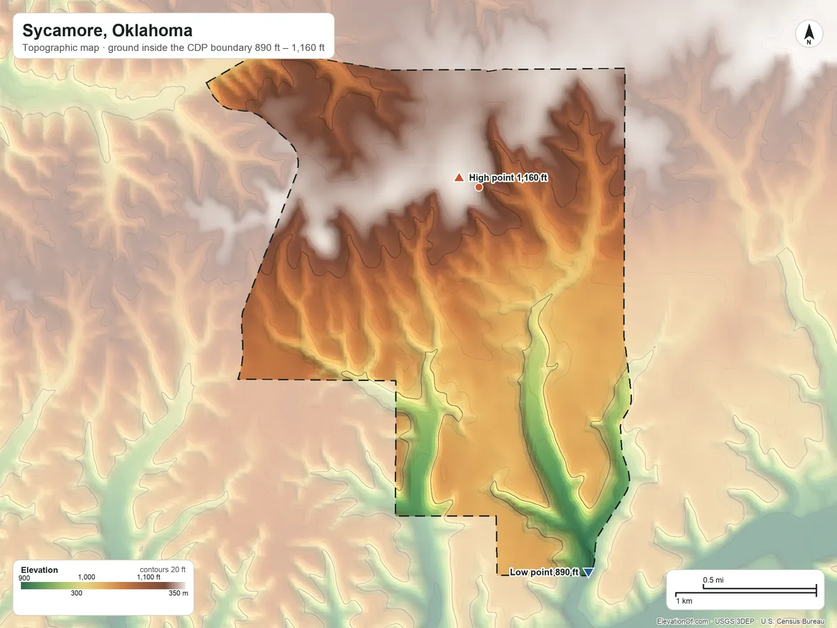 Topographic elevation map of Sycamore, Oklahoma, shaded from 890 ft on the south side to 1,160 ft near the middle