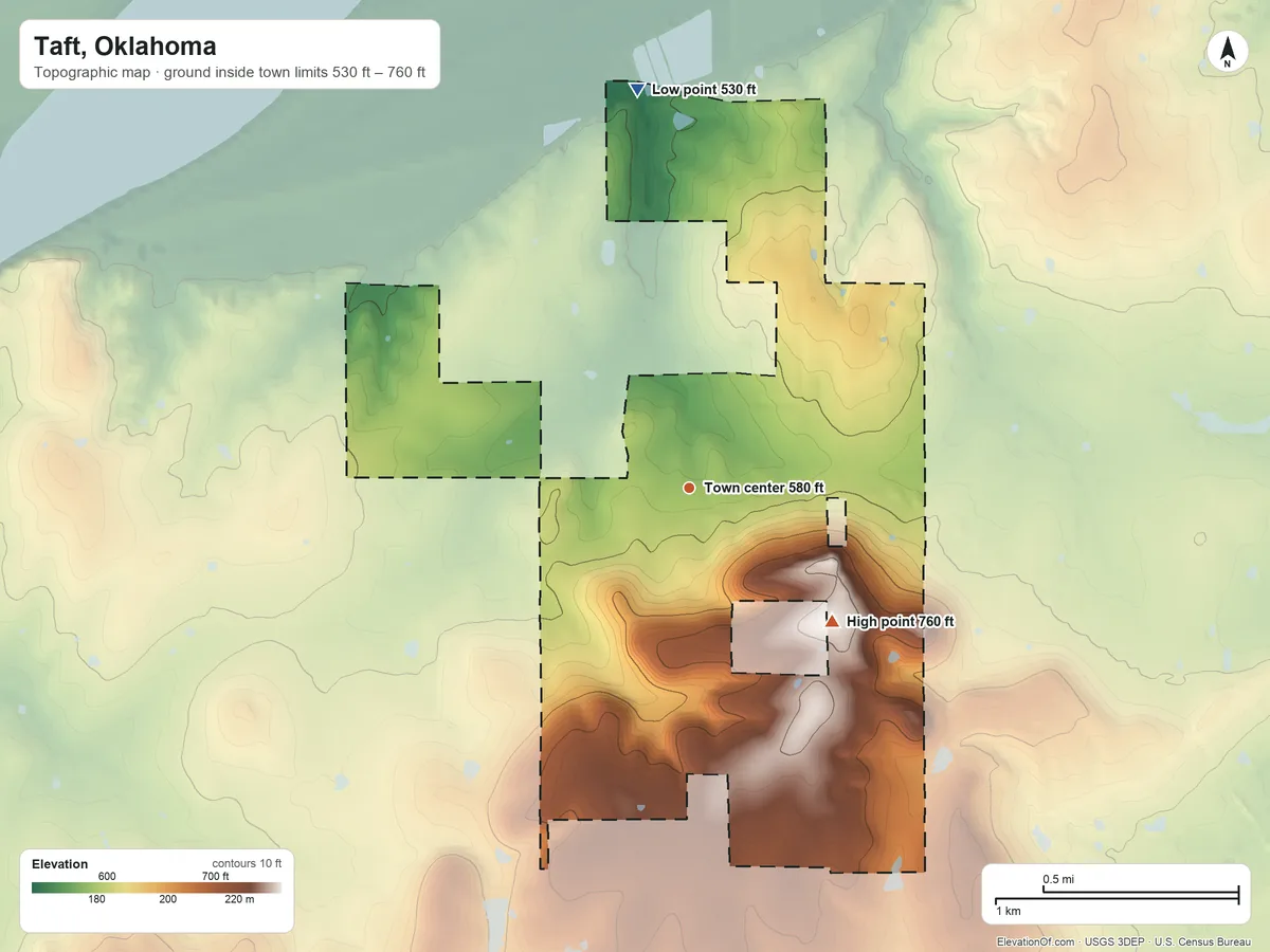 Topographic elevation map of Taft, Oklahoma, shaded from 530 ft on the north side to 760 ft on the southeast side
