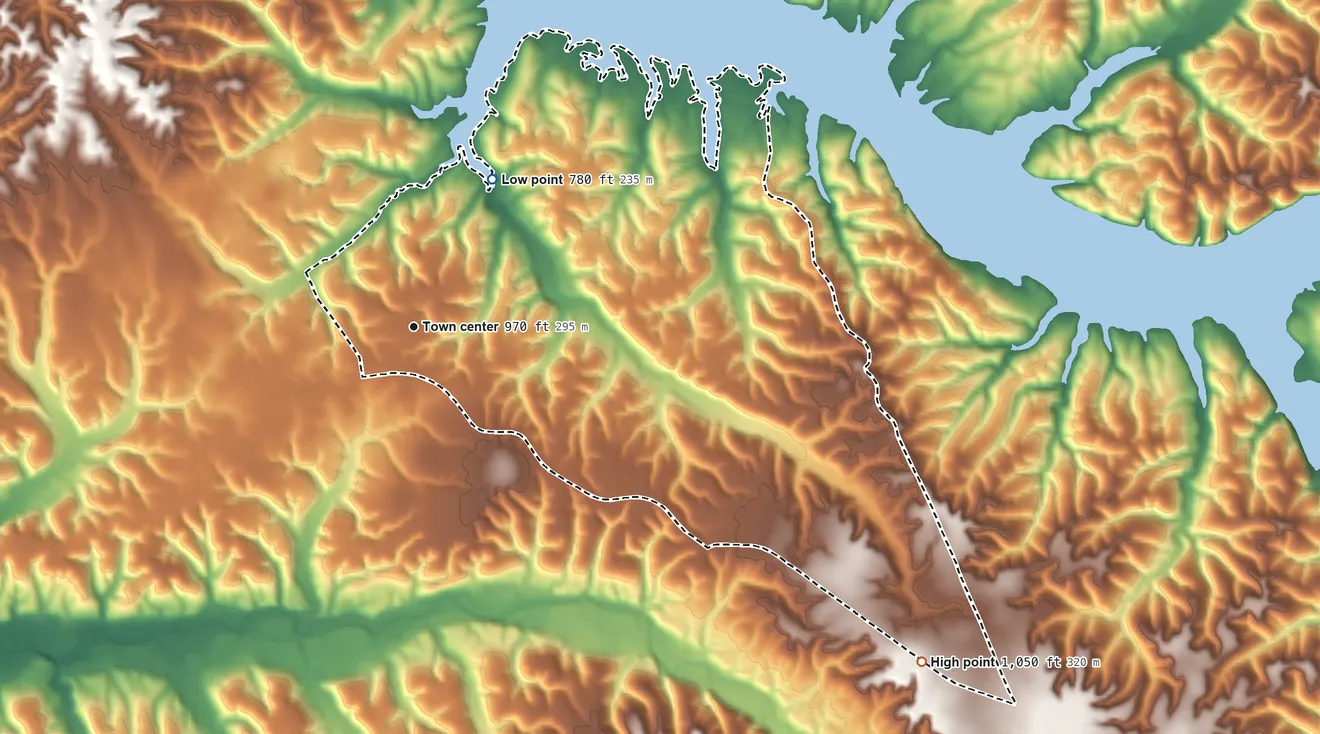 Topographic elevation map of Tagg Flats, Oklahoma, shaded from 780 ft on the northeast side to 1,050 ft on the southeast side
