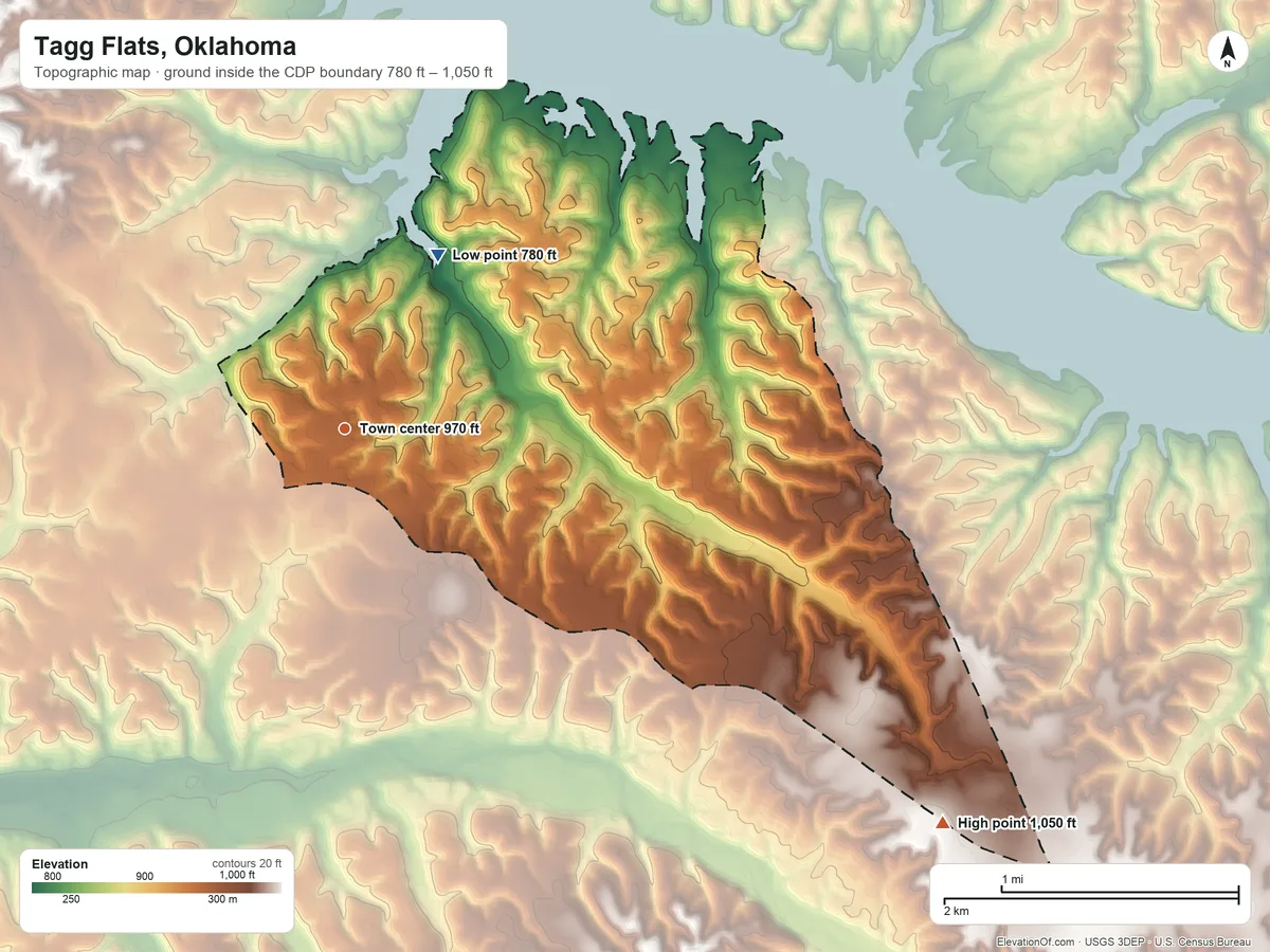 Topographic elevation map of Tagg Flats, Oklahoma, shaded from 780 ft on the northeast side to 1,050 ft on the southeast side