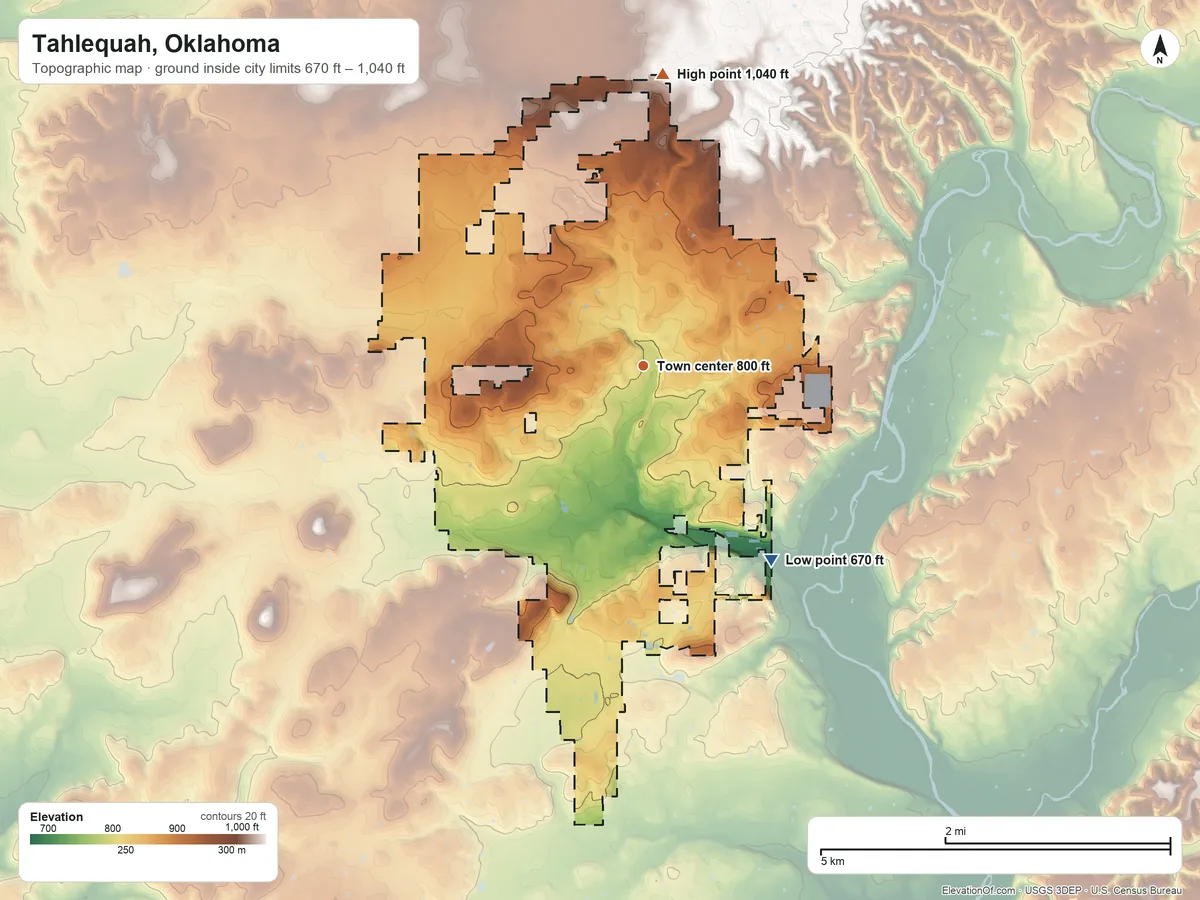 Topographic elevation map of Tahlequah, Oklahoma, shaded from 670 ft on the southeast side to 1,040 ft on the north side