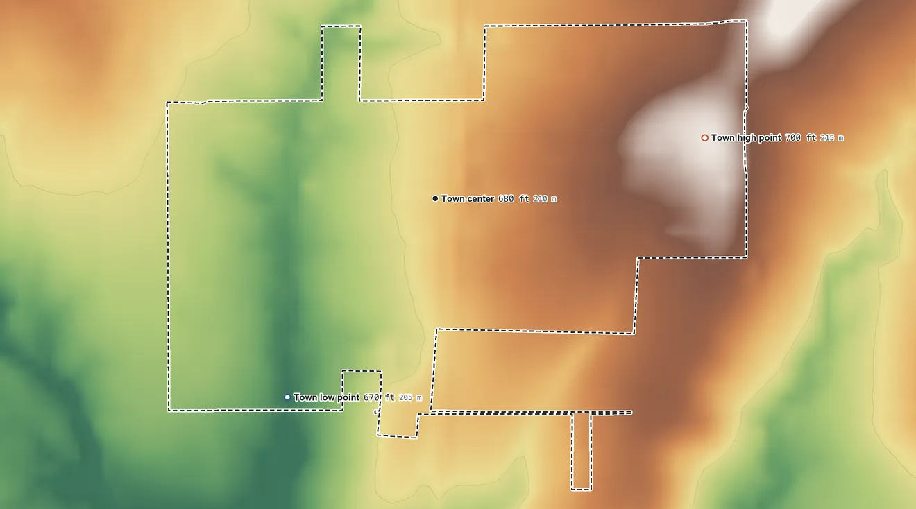 Topographic elevation map of Talala, Oklahoma, shaded from 670 ft on the southwest side to 700 ft on the east side