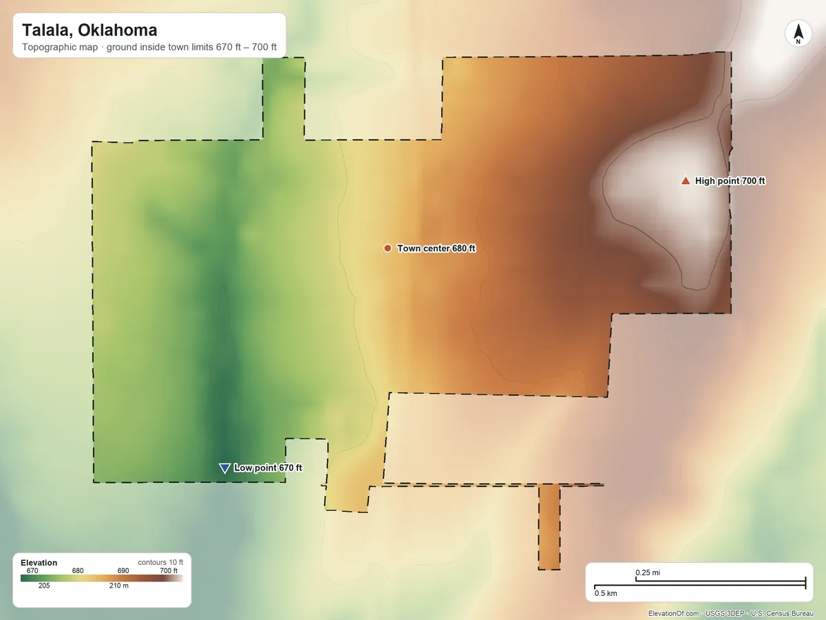 Topographic elevation map of Talala, Oklahoma, shaded from 670 ft on the southwest side to 700 ft on the east side