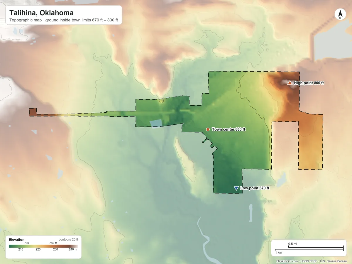 Topographic elevation map of Talihina, Oklahoma, shaded from 670 ft on the southeast side to 800 ft on the northeast edge, below higher ground just outside