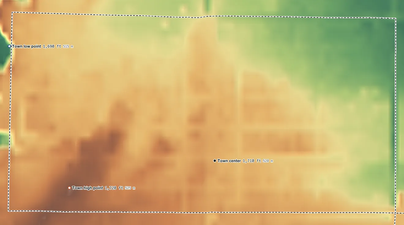 Topographic elevation map of Taloga, Oklahoma, shaded from 1,690 ft on the northwest side to 1,720 ft on the west side