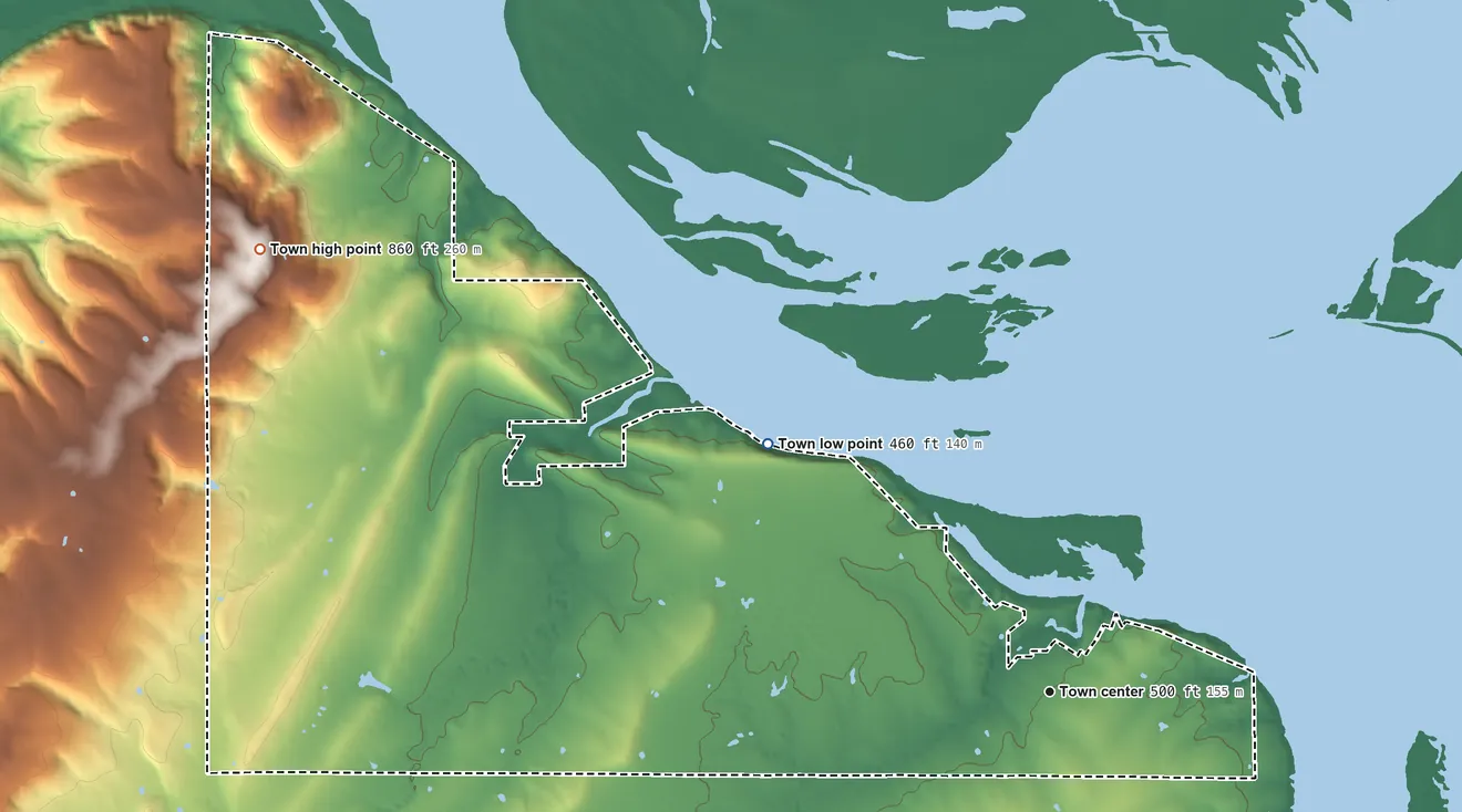 Topographic elevation map of Tamaha, Oklahoma, shaded from 460 ft on the northwest side to 860 ft on the northwest side